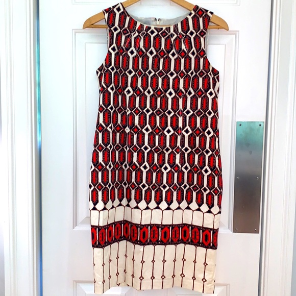Talbots Sleeveless Dress Geometric Print Red Brown Cream Womens Size 4 - Picture 1 of 10